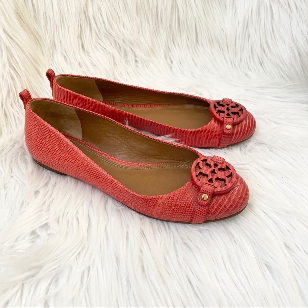 Tory Burch coral Mini Miller lizard flats 7.5